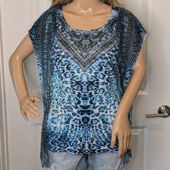 Chicos Size 2 Scarf Top Sleeveless Sheer-Sides Blouse Large Rhinestone - Picture 1 of 15